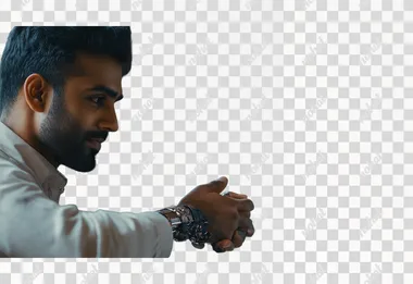 Mid-shot of Indian man handshake with a robot, photorealistic, confident face, isolated