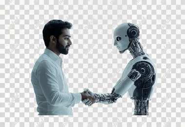 Mid-shot of Indian man handshake with a robot, photorealistic, confident face, isolated