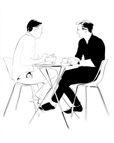 Side view of two man sitting at a sleek white table, sharing a discussion over coffee, their expressions animated, with crisp black outlines and soft white tones enhancing the simplicity of the scene.   4drdwef