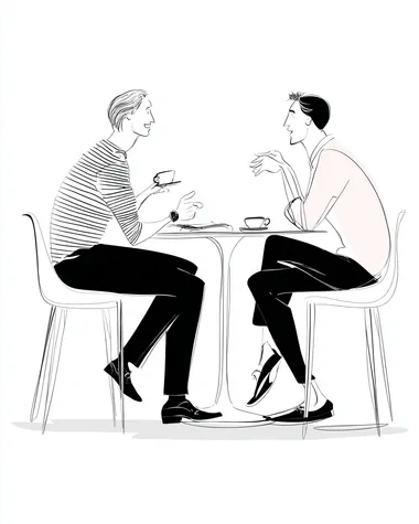 Side view of two man sitting at a sleek white table, sharing a discussion over coffee, their expressions animated, with crisp black outlines and soft white tones enhancing the simplicity of the scene.   4drdwef