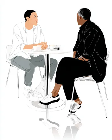 Side view of two man sitting at a sleek white table, sharing a discussion over coffee, their expressions animated, with crisp black outlines and soft white tones enhancing the simplicity of the scene.   4drdwef