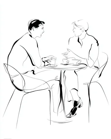 Side view of two man sitting at a sleek white table, sharing a discussion over coffee, their expressions animated, with crisp black outlines and soft white tones enhancing the simplicity of the scene.   4drdwef