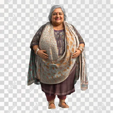 a friendly 55 year old Indian woman, slightly overweight. Full body and shoes. Photo-realistic. White background.