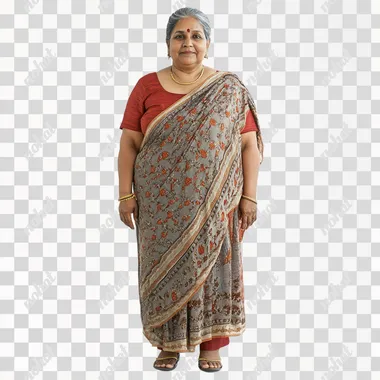 a friendly 55 year old Indian woman, slightly overweight. Full body and shoes. Photo-realistic. White background.