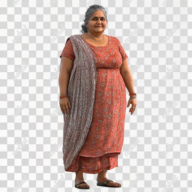 a friendly 55 year old Indian woman, slightly overweight. Full body and shoes. Photo-realistic. White background.