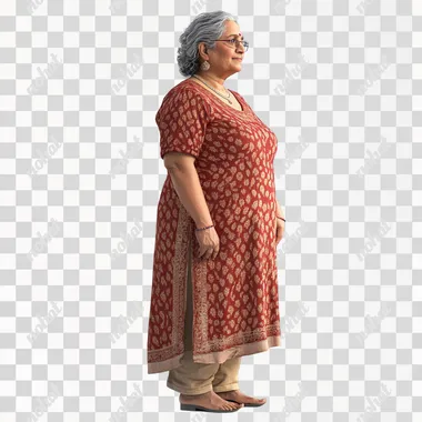 a friendly 55 year old Indian woman, slightly overweight. Full body and shoes. Photo-realistic. White background.