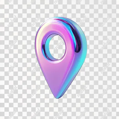 3D render of a colorful location pin icon, with a holographic gradient of purple and blue colors on a white background. The design is minimalistic, with a metallic finish and a glossy texture, creating a vibrant and modern aesthetic. The shapes are simple, and the rendering is highly detailed, with no shadows on the ground.