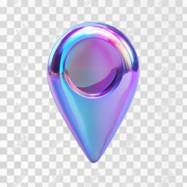 3D render of a colorful location pin icon, with a holographic gradient of purple and blue colors on a white background. The design is minimalistic, with a metallic finish and a glossy texture, creating a vibrant and modern aesthetic. The shapes are simple, and the rendering is highly detailed, with no shadows on the ground.