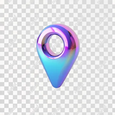 3D render of a colorful location pin icon, with a holographic gradient of purple and blue colors on a white background. The design is minimalistic, with a metallic finish and a glossy texture, creating a vibrant and modern aesthetic. The shapes are simple, and the rendering is highly detailed, with no shadows on the ground.