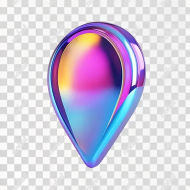 3D render of a colorful location pin icon, with a holographic gradient of purple and blue colors on a white background. The design is minimalistic, with a metallic finish and a glossy texture, creating a vibrant and modern aesthetic. The shapes are simple, and the rendering is highly detailed, with no shadows on the ground.