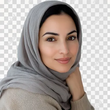 close-up portrait in well-lit studio, high angle view, of a 35-year old gorgeous mature persian woman, wearing hijab, kneeling, hesitant, curious, amused frown, shy smile, warm tones, white background