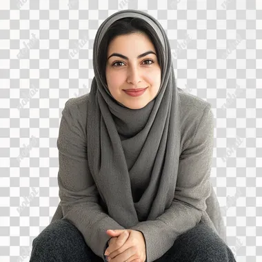 close-up portrait in well-lit studio, high angle view, of a 35-year old gorgeous mature persian woman, wearing hijab, kneeling, hesitant, curious, amused frown, shy smile, warm tones, white background