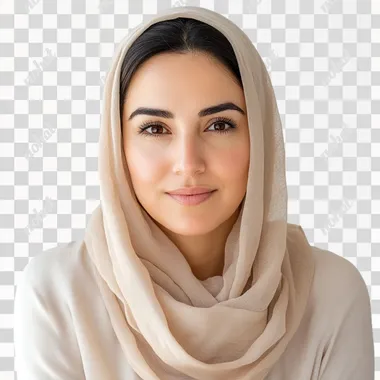 close-up portrait in well-lit studio, high angle view, of a 35-year old gorgeous mature persian woman, wearing hijab, kneeling, hesitant, curious, amused frown, shy smile, warm tones, white background