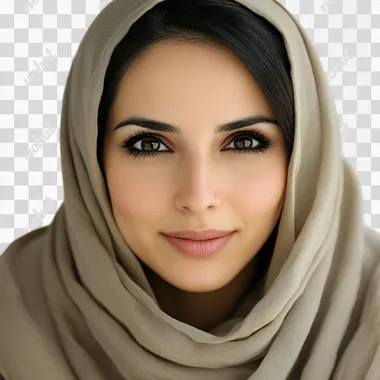 close-up portrait in well-lit studio, high angle view, of a 35-year old gorgeous mature persian woman, wearing hijab, kneeling, hesitant, curious, amused frown, shy smile, warm tones, white background
