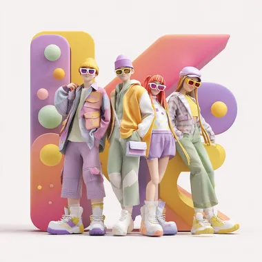 Develop a cover for a messenger group. The group is dedicated to a summer internship program for high school students at an IT company. In the image, we see 4 teenagers: 2 boys and 2 girls. They are open to the world. Use a 3D style with purple, pink, yellow, and green colors.