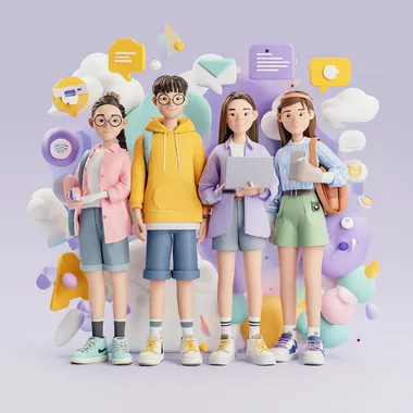 Develop a cover for a messenger group. The group is dedicated to a summer internship program for high school students at an IT company. In the image, we see 4 teenagers: 2 boys and 2 girls. They are open to the world. Use a 3D style with purple, pink, yellow, and green colors.