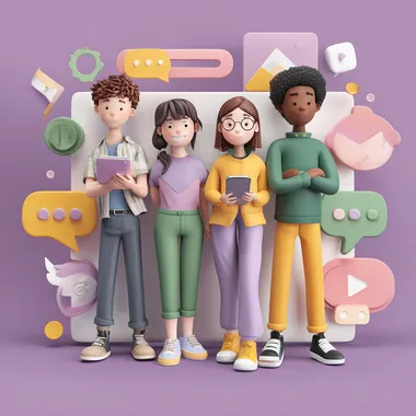 Develop a cover for a messenger group. The group is dedicated to a summer internship program for high school students at an IT company. In the image, we see 4 teenagers: 2 boys and 2 girls. They are open to the world. Use a 3D style with purple, pink, yellow, and green colors.