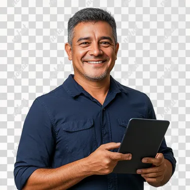 happy 45 year old brazilian man with an ipad in his hand dark blue shirt he owns a store white background studio photo.