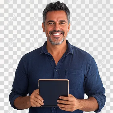 happy 45 year old brazilian man with an ipad in his hand dark blue shirt he owns a store white background studio photo.
