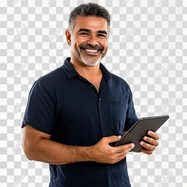 happy 45 year old brazilian man with an ipad in his hand dark blue shirt he owns a store white background studio photo.