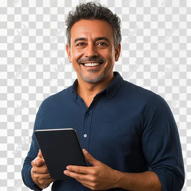 happy 45 year old brazilian man with an ipad in his hand dark blue shirt he owns a store white background studio photo.