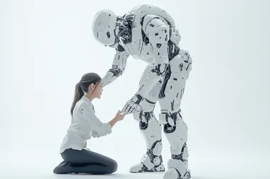 ultra-realistic scene of a humanoid robot helping indonesian woman human in work, intricate sleek, minimalist and futuristic details, lifelike posture and expressive body language, isolated white background, clean and minimal setup with studio lighting