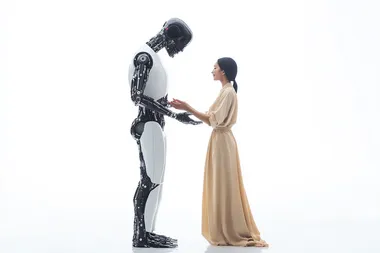 ultra-realistic scene of a humanoid robot helping indonesian woman human in work, intricate sleek, minimalist and futuristic details, lifelike posture and expressive body language, isolated white background, clean and minimal setup with studio lighting