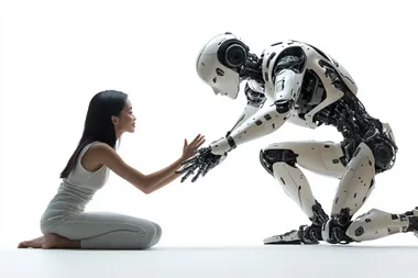 ultra-realistic scene of a humanoid robot helping indonesian woman human in work, intricate sleek, minimalist and futuristic details, lifelike posture and expressive body language, isolated white background, clean and minimal setup with studio lighting