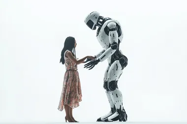 ultra-realistic scene of a humanoid robot helping indonesian woman human in work, intricate sleek, minimalist and futuristic details, lifelike posture and expressive body language, isolated white background, clean and minimal setup with studio lighting