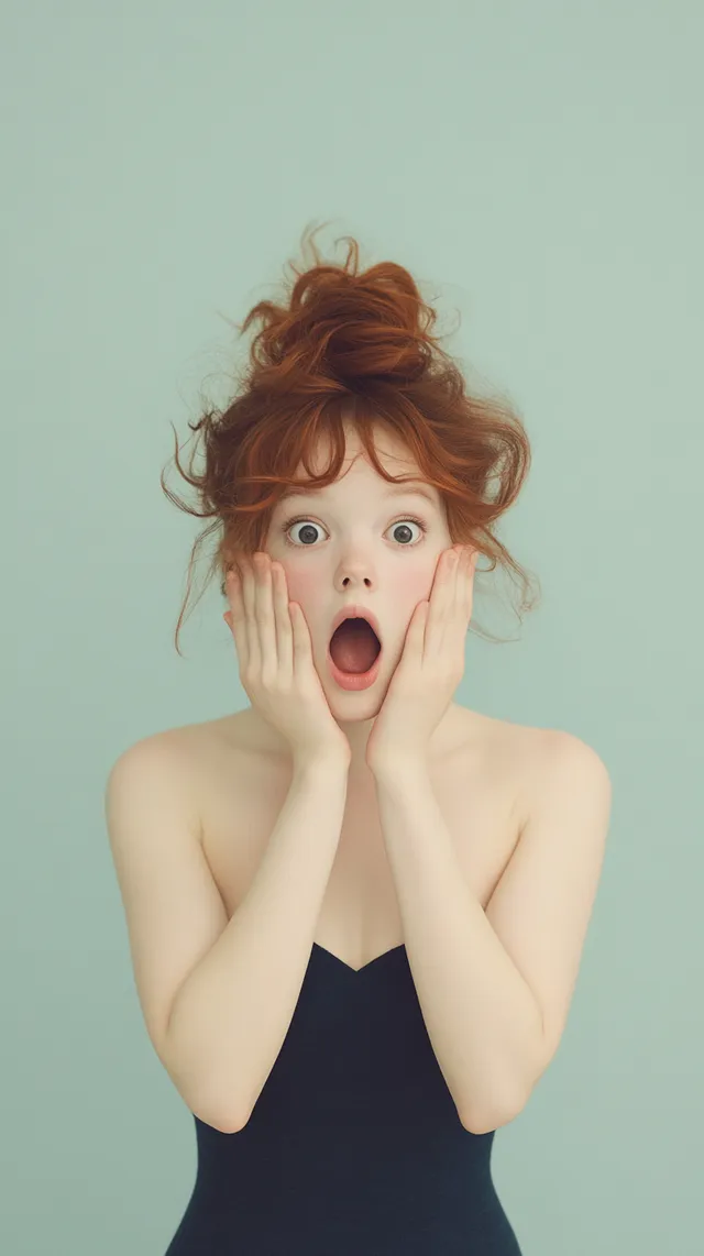 a woman in a black dress with her hands on her face