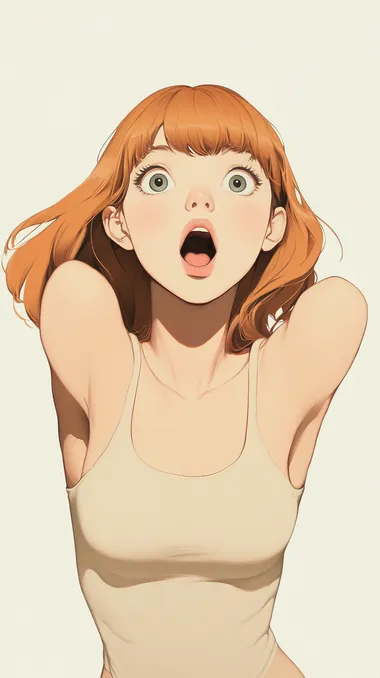 A woman with an expression of surprise. Her eyes are wide open, eyebrows raised high, and her mouth slightly open in an "O" shape. Her facial features are highlighted by the bright light, emphasizing the genuine shock and astonishment in her expression. Her hair frames her face perfectly, adding to the dramatic effect of her surprised look. The overall image captures a moment of pure, unexpected emotion, anime art style, illustration, high quality, high resolution, colorful, clean lines, high details, ultra detailed, sharp focus    e1sm8t7