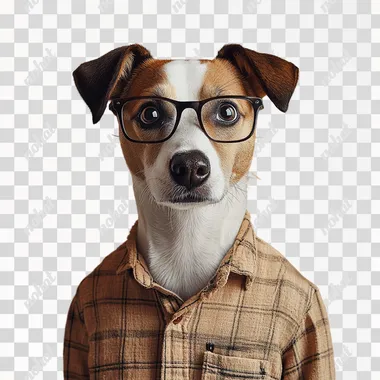 a dog in human body standing and wearing a casual shirt and wearing geek glasses