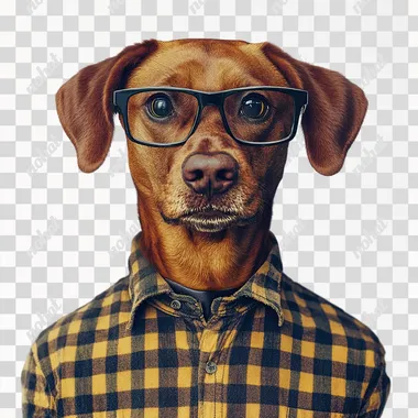 a dog in human body standing and wearing a casual shirt and wearing geek glasses