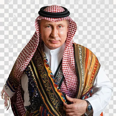 take a picture of vladimir putin "in traditional middle eastern attire, posed against a white background, highlighting the contrast between culture and authority