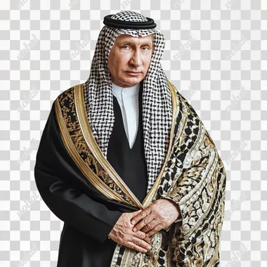 take a picture of vladimir putin "in traditional middle eastern attire, posed against a white background, highlighting the contrast between culture and authority