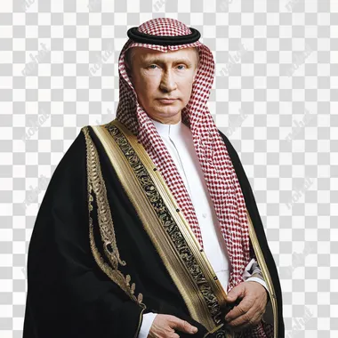 take a picture of vladimir putin "in traditional middle eastern attire, posed against a white background, highlighting the contrast between culture and authority