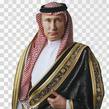 take a picture of vladimir putin "in traditional middle eastern attire, posed against a white background, highlighting the contrast between culture and authority