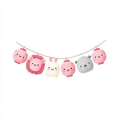 simple watercolor illustration of a string garland with pink and white animal-shaped lanterns, smiling, children's book style, isolated on a white background  rofile k67154z