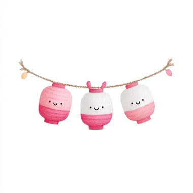 simple watercolor illustration of a string garland with pink and white animal-shaped lanterns, smiling, children's book style, isolated on a white background  rofile k67154z