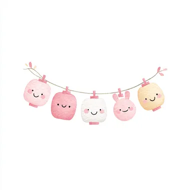 simple watercolor illustration of a string garland with pink and white animal-shaped lanterns, smiling, children's book style, isolated on a white background  rofile k67154z