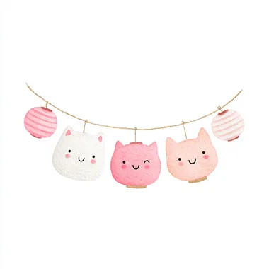 simple watercolor illustration of a string garland with pink and white animal-shaped lanterns, smiling, children's book style, isolated on a white background  rofile k67154z