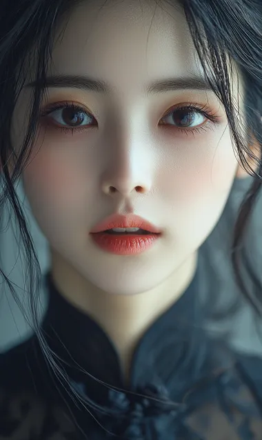 a chinese young woman posing for a photo, without make-up, in the style of light gray and dark black, speaking to the camera, canon eos 5d mark iv, goosepunk, wimmelbilder, close up,   --s 250