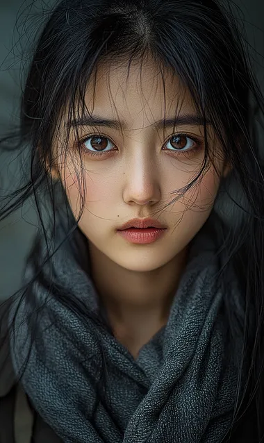a chinese young woman posing for a photo, without make-up, in the style of light gray and dark black, speaking to the camera, canon eos 5d mark iv, goosepunk, wimmelbilder, close up,   --s 250