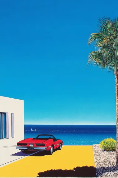 ultra-realistic, a vibrant coastal city with pastel-colored buildings and large windows overlooking the ocean, a sleek red convertible parked along a sunlit road lined with swaying palms, the calm sea glimmering in the background under a flawless blue sky, nostalgic and stylish, in the style of Hiroshi Nagai   rofile bcmoqjs