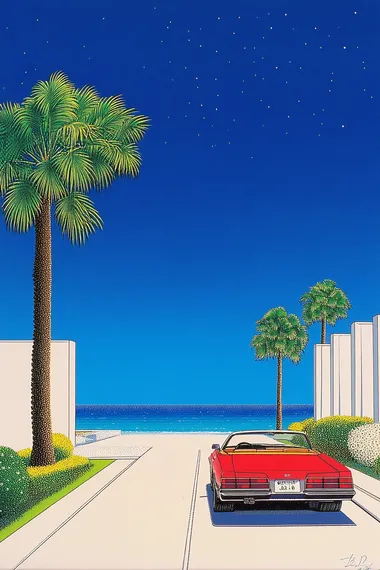 ultra-realistic, a vibrant coastal city with pastel-colored buildings and large windows overlooking the ocean, a sleek red convertible parked along a sunlit road lined with swaying palms, the calm sea glimmering in the background under a flawless blue sky, nostalgic and stylish, in the style of Hiroshi Nagai   rofile bcmoqjs