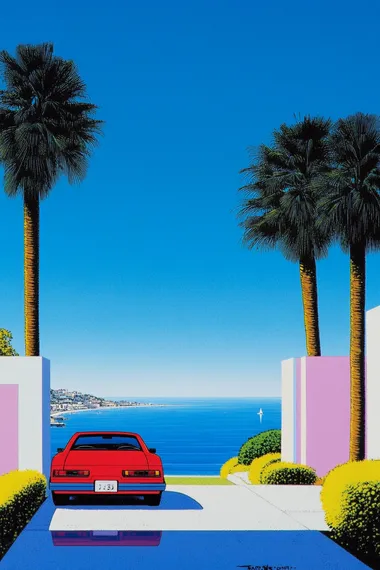 ultra-realistic, a vibrant coastal city with pastel-colored buildings and large windows overlooking the ocean, a sleek red convertible parked along a sunlit road lined with swaying palms, the calm sea glimmering in the background under a flawless blue sky, nostalgic and stylish, in the style of Hiroshi Nagai   rofile bcmoqjs