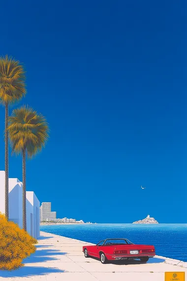 ultra-realistic, a vibrant coastal city with pastel-colored buildings and large windows overlooking the ocean, a sleek red convertible parked along a sunlit road lined with swaying palms, the calm sea glimmering in the background under a flawless blue sky, nostalgic and stylish, in the style of Hiroshi Nagai   rofile bcmoqjs