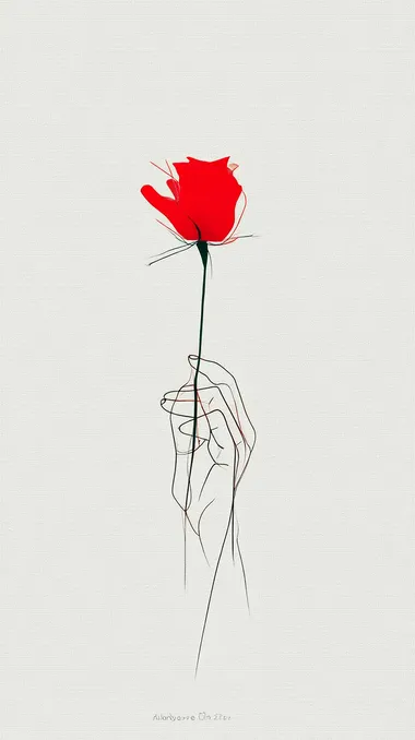 A simple line drawing of a womans hand holdimg a red rose minimalistic and elegant. The lines should be clean and bold on a white background, capturing Picasso's iconic doodle style, focusing more on simplicity and form than detail.