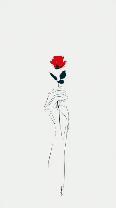 A simple line drawing of a womans hand holdimg a red rose minimalistic and elegant. The lines should be clean and bold on a white background, capturing Picasso's iconic doodle style, focusing more on simplicity and form than detail.