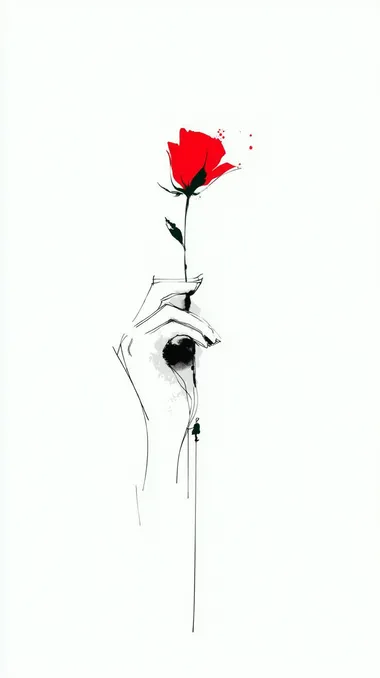 A simple line drawing of a womans hand holdimg a red rose minimalistic and elegant. The lines should be clean and bold on a white background, capturing Picasso's iconic doodle style, focusing more on simplicity and form than detail.